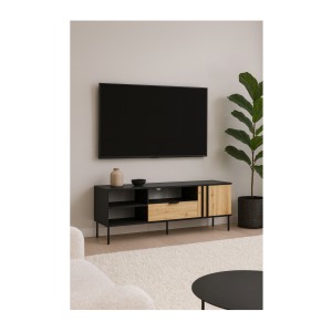 Meuble TV design IZO – Noir onyx & Chêne clair – 160x58x40 cm