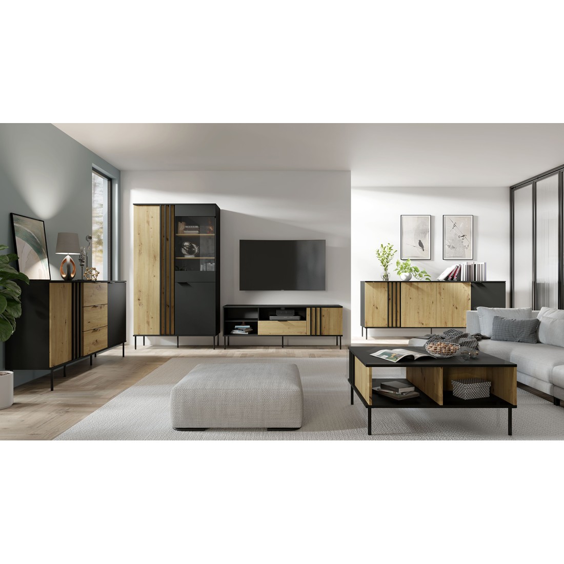 Ensemble de meubles design IZO – Vitrine + Buffets + Table basse + Meuble TV – Noir onyx & Chêne clair