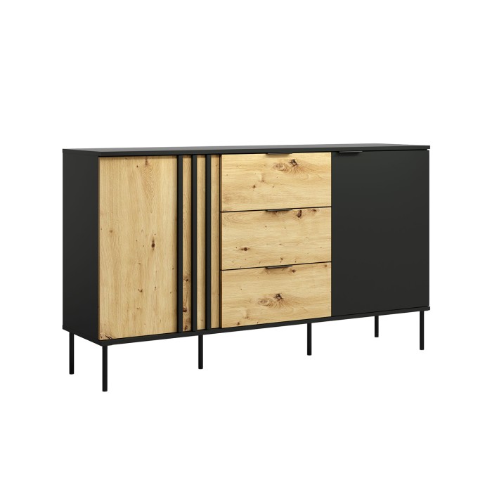 Conjunto de muebles de diseño IZO - Vitrina + Buffets + Mesa de centro + Mueble para TV - Negro ónix & Roble claro