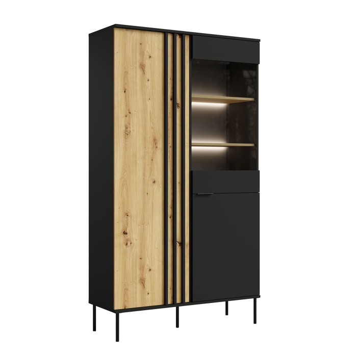Conjunto de muebles de diseño IZO - Vitrina + Buffets + Mesa de centro + Mueble para TV - Negro ónix & Roble claro