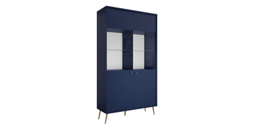 Vitrina de diseño AZURÉA – 2 puertas acristaladas LED – Azul profundo – 106x191x41 cm