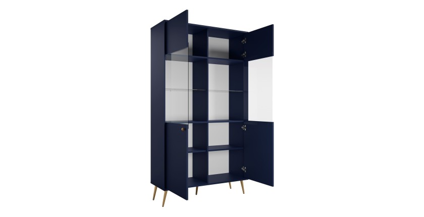Vitrina de diseño AZURÉA – 2 puertas acristaladas LED – Azul profundo – 106x191x41 cm