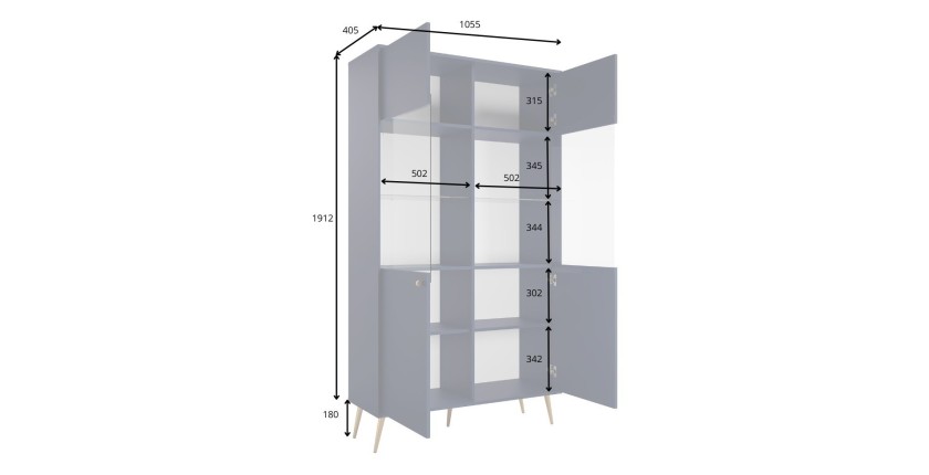 Vitrina de diseño AZURÉA – 2 puertas acristaladas LED – Azul profundo – 106x191x41 cm