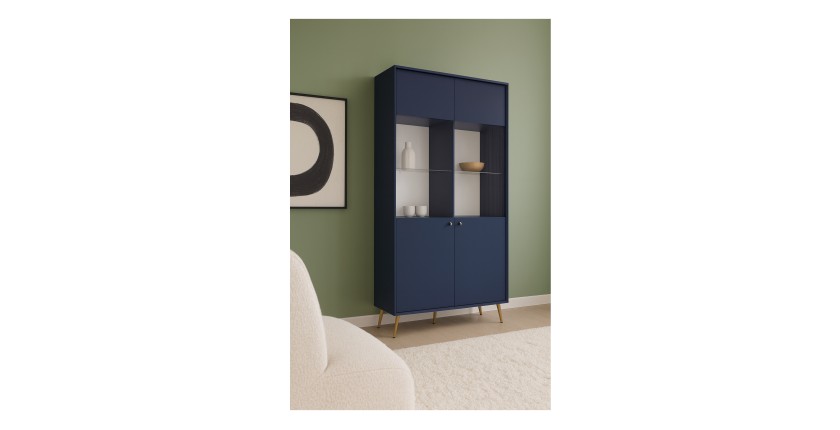 Vitrina de diseño AZURÉA – 2 puertas acristaladas LED – Azul profundo – 106x191x41 cm
