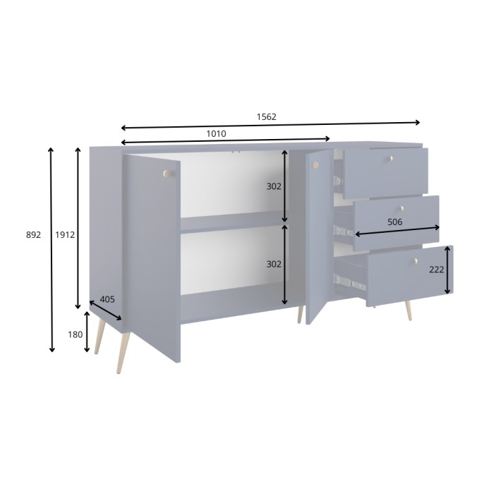 Buffet Design AZURÉA – 2 Türen & 3 Schubladen – Tiefblau – 156x89x41 cm