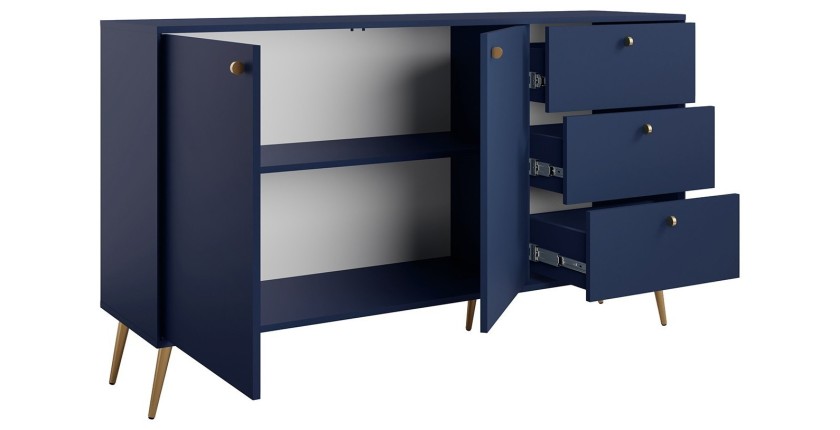 Buffet design AZURÉA – 2 portes & 3 tiroirs – Bleu profond – 156x89x41 cm
