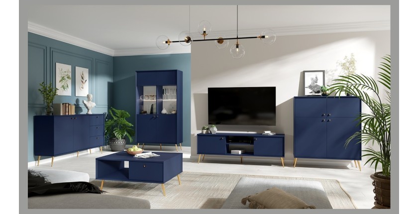 Buffet design AZURÉA – 2 portes & 3 tiroirs – Bleu profond – 156x89x41 cm