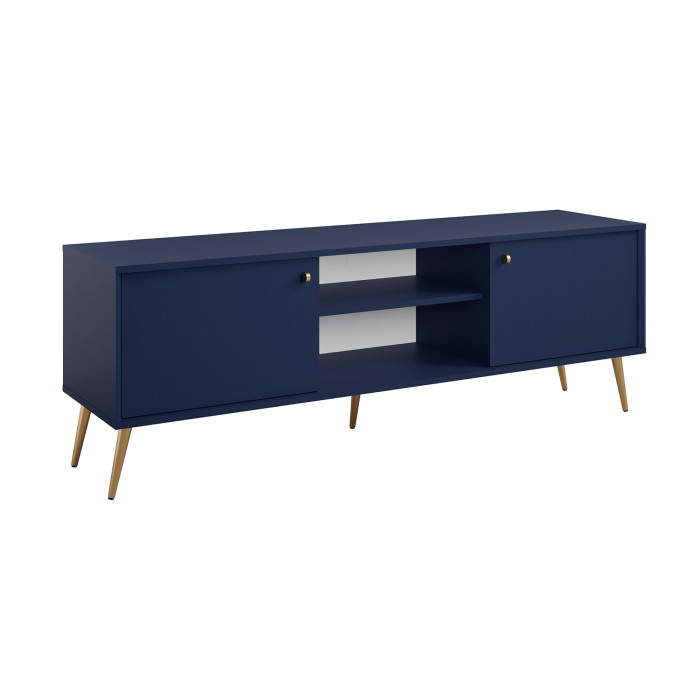 Meuble TV design AZURÉA – 2 portes & 2 niches – Bleu profond – 156x55x41 cm