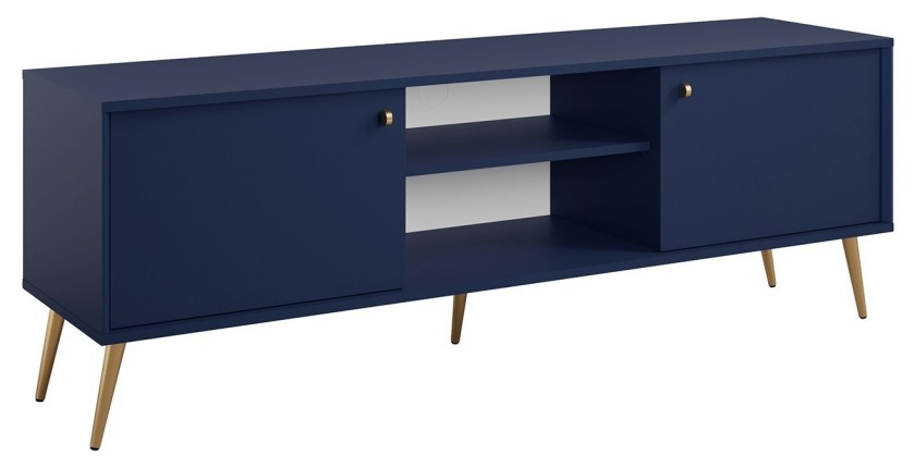Meuble TV design AZURÉA – 2 portes & 2 niches – Bleu profond – 156x55x41 cm