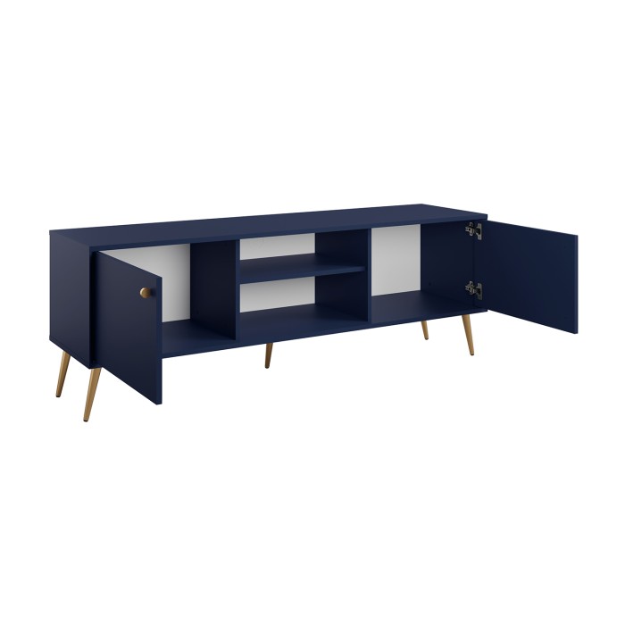 Meuble TV design AZURÉA – 2 portes & 2 niches – Bleu profond – 156x55x41 cm