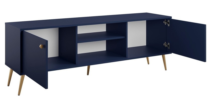 Meuble TV design AZURÉA – 2 portes & 2 niches – Bleu profond – 156x55x41 cm