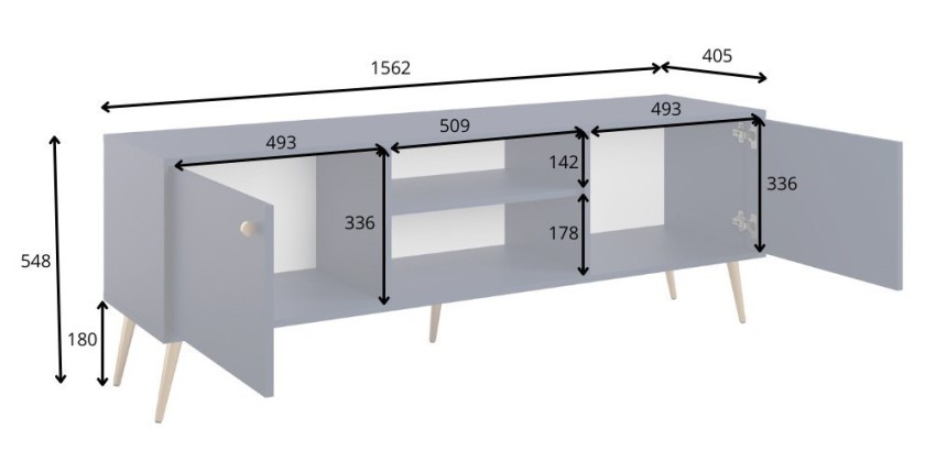 Meuble TV design AZURÉA – 2 portes & 2 niches – Bleu profond – 156x55x41 cm