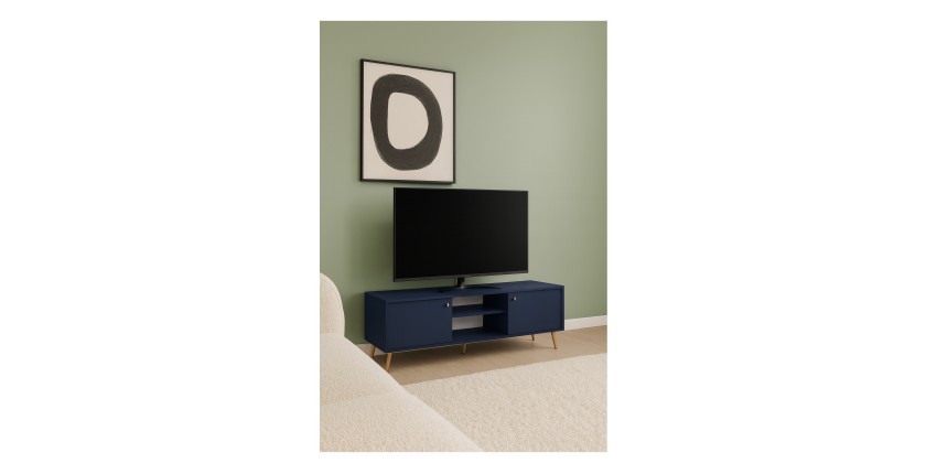 Meuble TV design AZURÉA – 2 portes & 2 niches – Bleu profond – 156x55x41 cm
