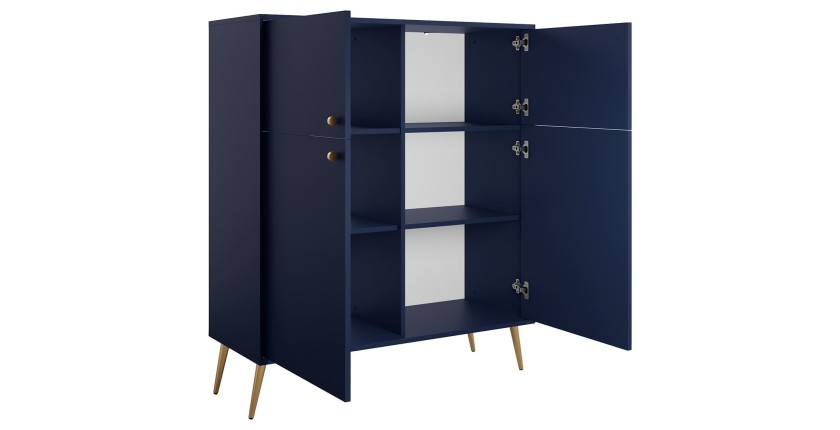 Buffet haut design AZURÉA – 2 portes battantes – Bleu profond – 105x122x41 cm