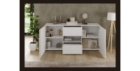 Buffet SCENA 2 portes et 2 tiroirs blanc laqué ouvert mis dans un décor 3D
