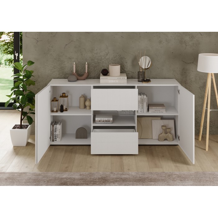 Buffet SCENA – L181×H84×P42 cm – 2 porte + 2 cassetti + nicchia – Bianco laccato