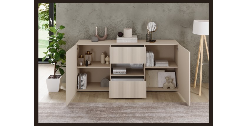 Buffet SCENA 2 portes et 2 tiroirs cachemire ouvert dans un décor 3D