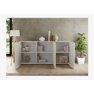 Buffet 3 portes SCENA blanc laqué ouvert mis en situation dans un décor 3D