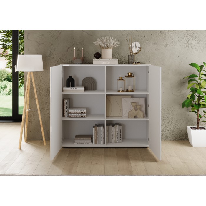 Buffet alto SCENA – L121 x H111 x P42 cm – 2 porte – Bianco lucido