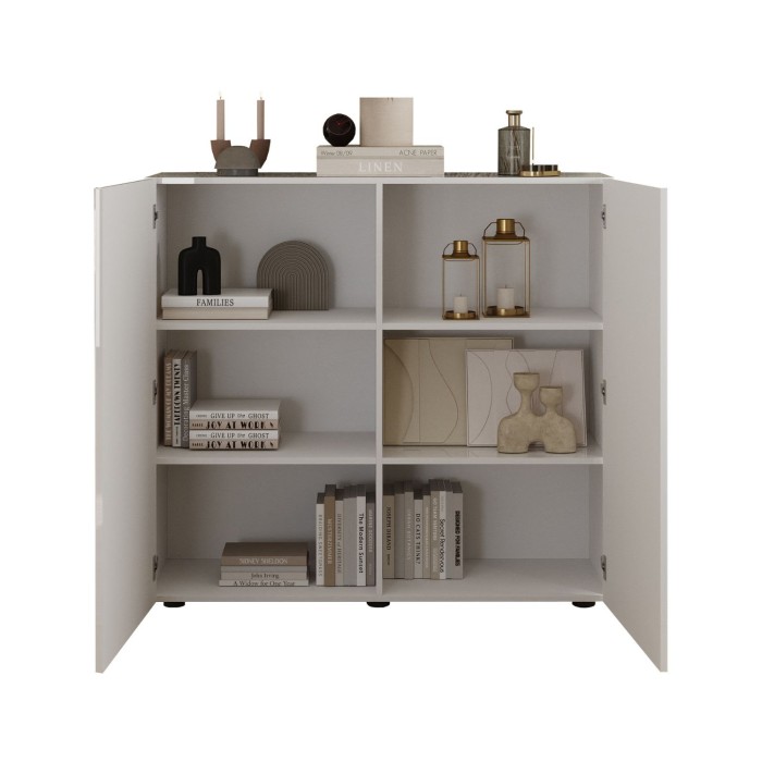 Buffet alto SCENA – L121 x H111 x P42 cm – 2 porte – Bianco lucido