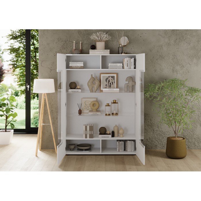 Vitrinenschrank SCENA – L121 x H166 x P42 cm – 2 Türen – Hochglanz Weiß