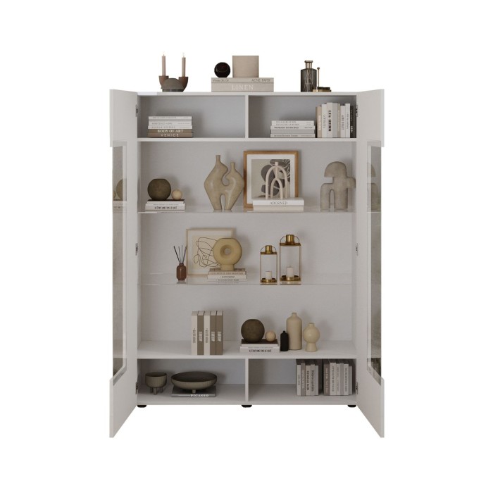 Vitrinenschrank SCENA – L121 x H166 x P42 cm – 2 Türen – Hochglanz Weiß