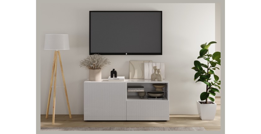 Buffet TV SCENA 1 porte 1 tiroir blanc laqué mis en situation dans un décor 3D