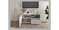 Buffet TV SCENA 1 porte 1 tiroir ouvert blanc laqué mis en situation dans un décor 3D