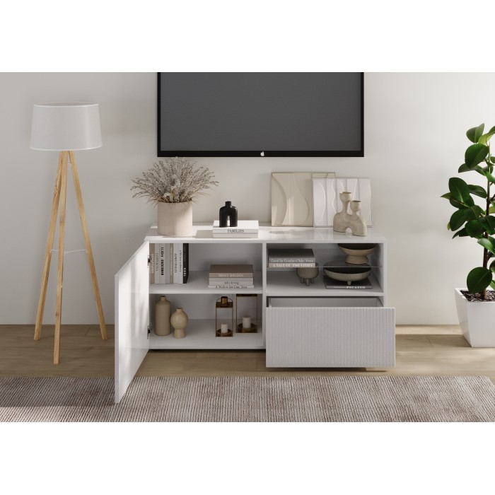 Meubel TV SCENA – L121 x H57 x D42 cm – Glanzend wit gelakt