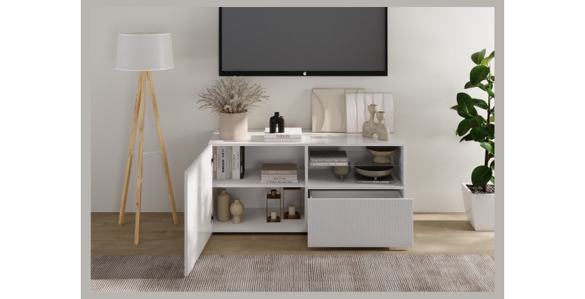 Buffet TV SCENA 1 porte 1 tiroir ouvert blanc laqué mis en situation dans un décor 3D
