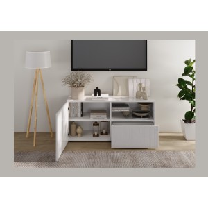 Buffet TV SCENA 1 porte 1 tiroir ouvert blanc laqué mis en situation dans un décor 3D