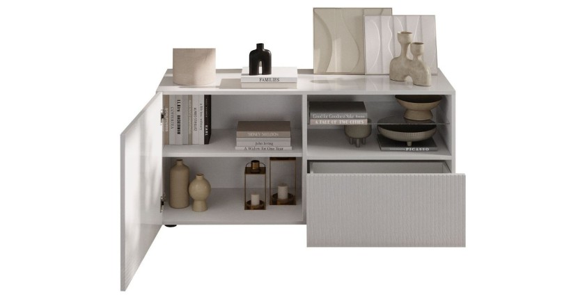 Buffet TV SCENA 1 porte 1 tiroir ouvert blanc laqué