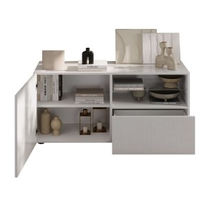 Buffet TV SCENA 1 porte 1 tiroir ouvert blanc laqué