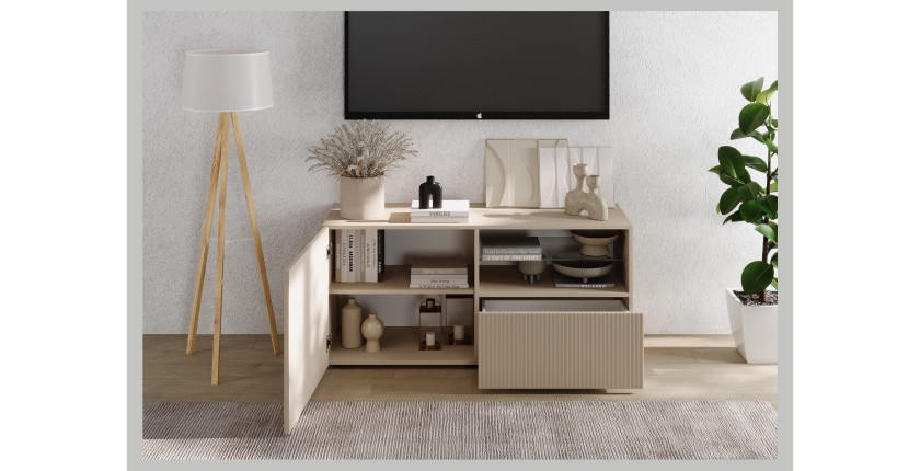 Meuble TV SCENA 1 porte 1 tiroir cachemire ouvert mis en situation dans un décor 3D
