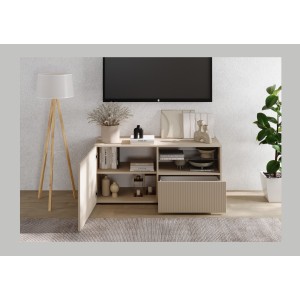 Meuble TV SCENA 1 porte 1 tiroir cachemire ouvert mis en situation dans un décor 3D