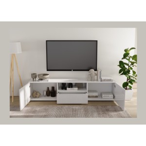Meuble TV SCENA 2 portes 1 tiroir blanc laqué ouvert mis en situation dans un décor 3D