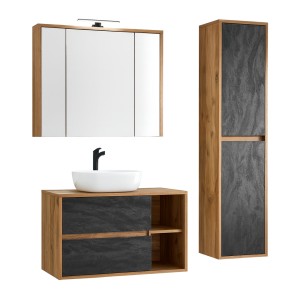 Set da bagno GABI – Mobile sottolavabo 100 cm + lavabo + armadietto specchio LED + colonna
