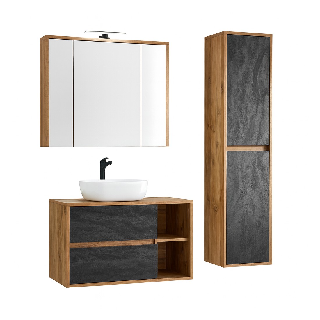 Set da bagno GABI – Mobile sottolavabo 100 cm + lavabo + armadietto specchio LED + colonna
