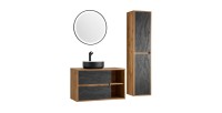 Set da bagno GABI - Mobile sottolavabo 100 cm + lavabo rotondo nero e bianco + specchio LED rotondo + colonna
