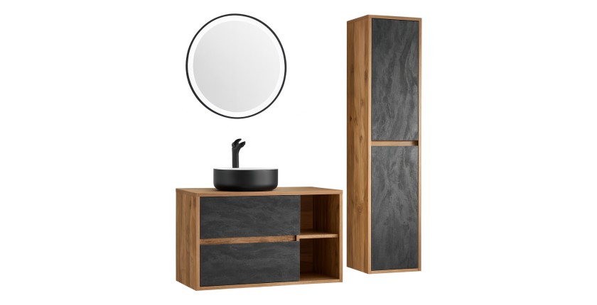 Set da bagno GABI - Mobile sottolavabo 100 cm + lavabo rotondo nero e bianco + specchio LED rotondo + colonna