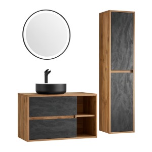 Set da bagno GABI - Mobile sottolavabo 100 cm + lavabo rotondo nero e bianco + specchio LED rotondo + colonna