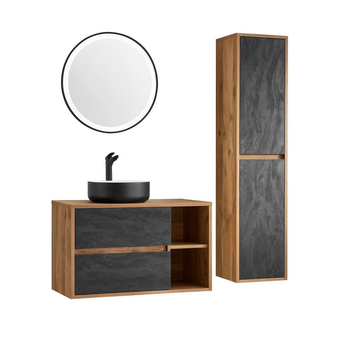 Set da bagno GABI - Mobile sottolavabo 100 cm + lavabo rotondo nero e bianco + specchio LED rotondo + colonna