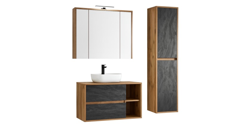 Ensemble de salle de bain GABI – Meuble sous vasque 100 cm + vasque + armoire miroir LED + colonne