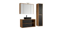 Ensemble de salle de bain GABI – Meuble sous vasque 100 cm + vasque rectangulaire noire + armoire miroir LED + colonne