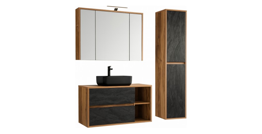 Ensemble de salle de bain GABI – Meuble sous vasque 100 cm + vasque rectangulaire noire + armoire miroir LED + colonne