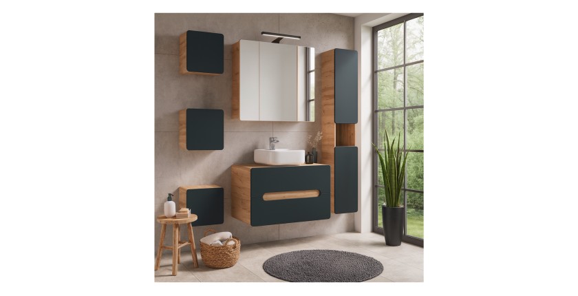 Badkamer opbergmeubel ERBANO - 1 deur - 35x35 cm - Licht eiken en antraciet grijs