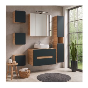 Badkamer opbergmeubel ERBANO - 1 deur - 35x35 cm - Licht eiken en antraciet grijs