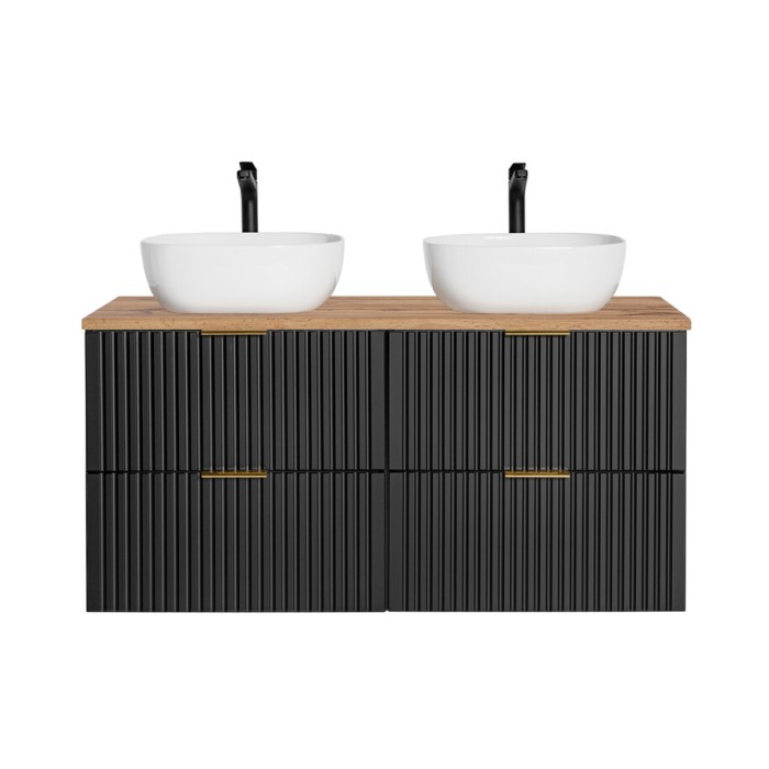 Ensemble meuble sous vasque NOXERA 120 cm – Noir mat et chêne – 2 meubles + plan + double vasque