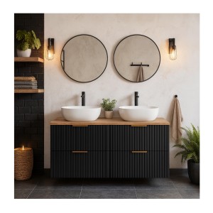 Ensemble meuble sous vasque NOXERA 120 cm – Noir mat et chêne – 2 meubles + plan + double vasque