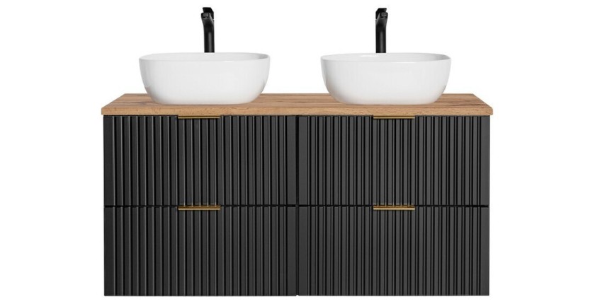 Ensemble meuble sous vasque NOXERA 140 cm – Noir mat et chêne – 2 meubles + étagère + plan pour vasque